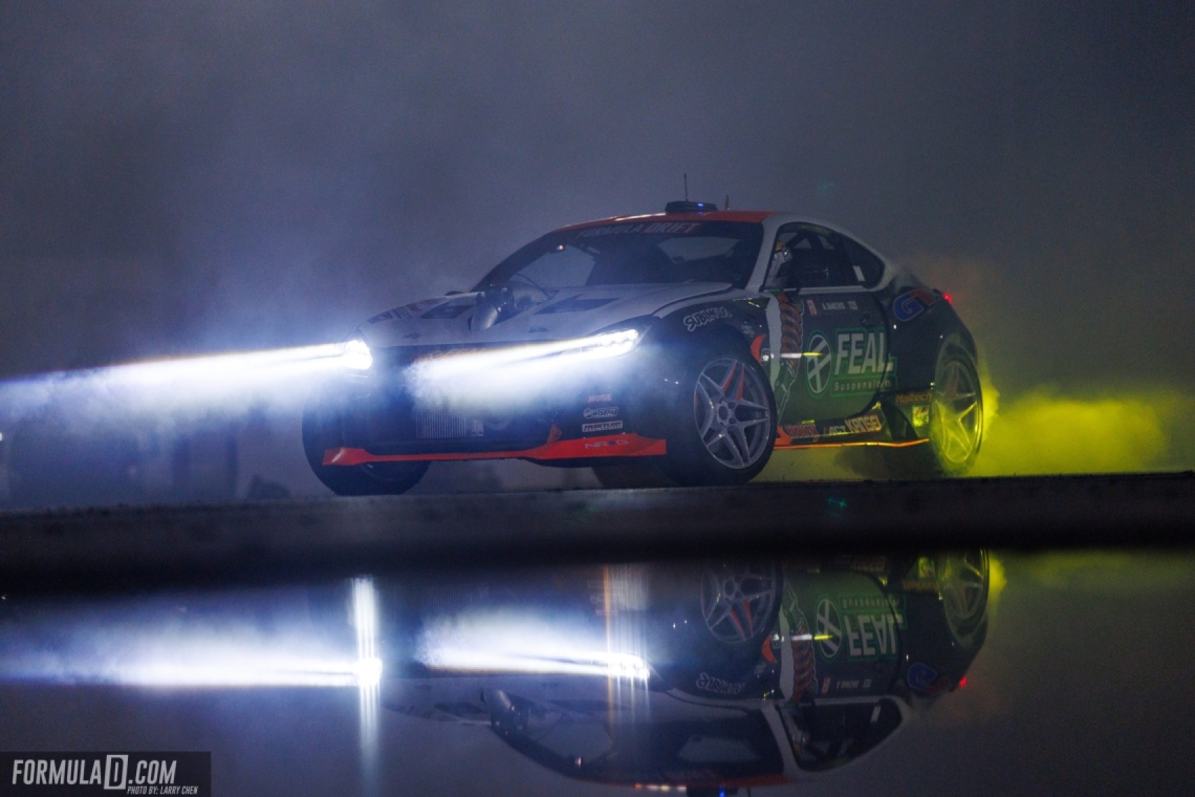 Aurimas “Odi” Bakchis drifting his Feal Suspension GT Radial Subaru BRZ through smoke during Formula Drift Orlando.